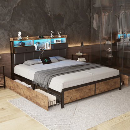 160×200 cm Polsterbett, Bettkastenbett mit LED-Kopfteil und USB-Anschluss, mit 4 Schubladen und Metallbettrahmen