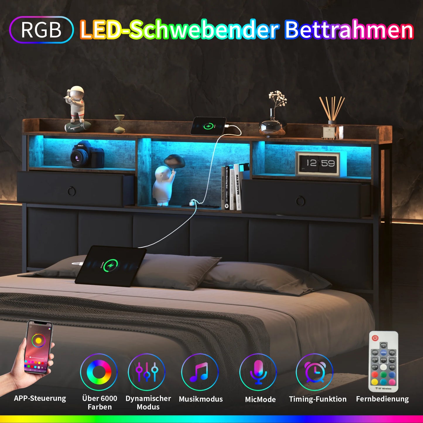 160×200 cm Polsterbett, Bettkastenbett mit LED-Kopfteil und USB-Anschluss, mit 4 Schubladen und Metallbettrahmen