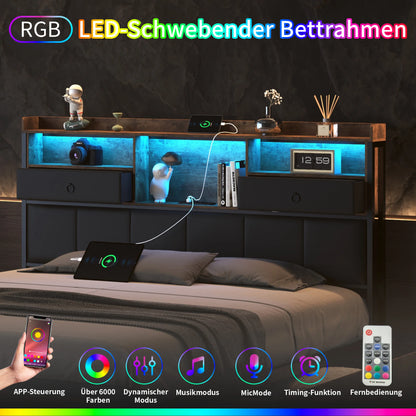 160×200 cm Polsterbett, Bettkastenbett mit LED-Kopfteil und USB-Anschluss, mit 4 Schubladen und Metallbettrahmen