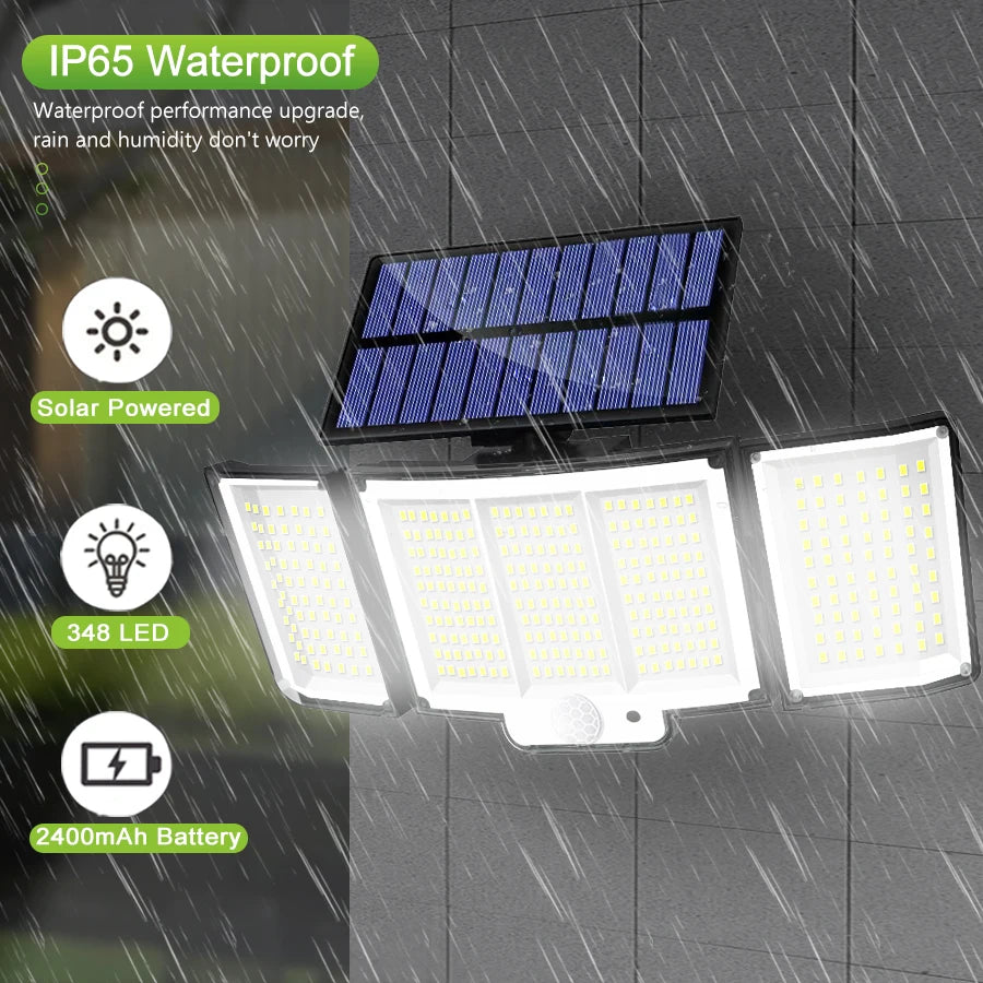 Solarleuchte für den Außenbereich, 328/348 LEDs, integrierter superheller Bewegungssensor, starke Leistung, IP65 wasserdicht, 3 Betriebsmodi, Gartenwand