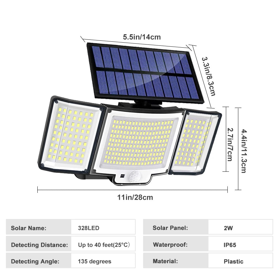 Solarleuchte für den Außenbereich, 328/348 LEDs, integrierter superheller Bewegungssensor, starke Leistung, IP65 wasserdicht, 3 Betriebsmodi, Gartenwand