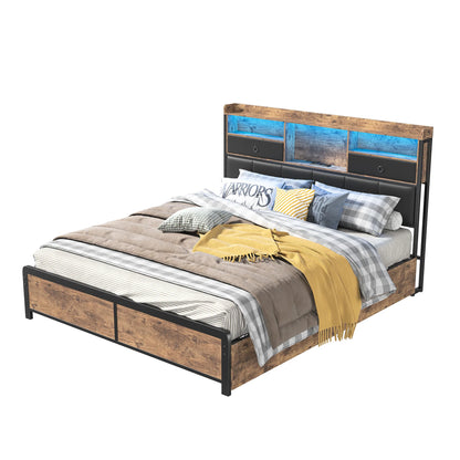 160×200 cm Polsterbett, Bettkastenbett mit LED-Kopfteil und USB-Anschluss, mit 4 Schubladen und Metallbettrahmen